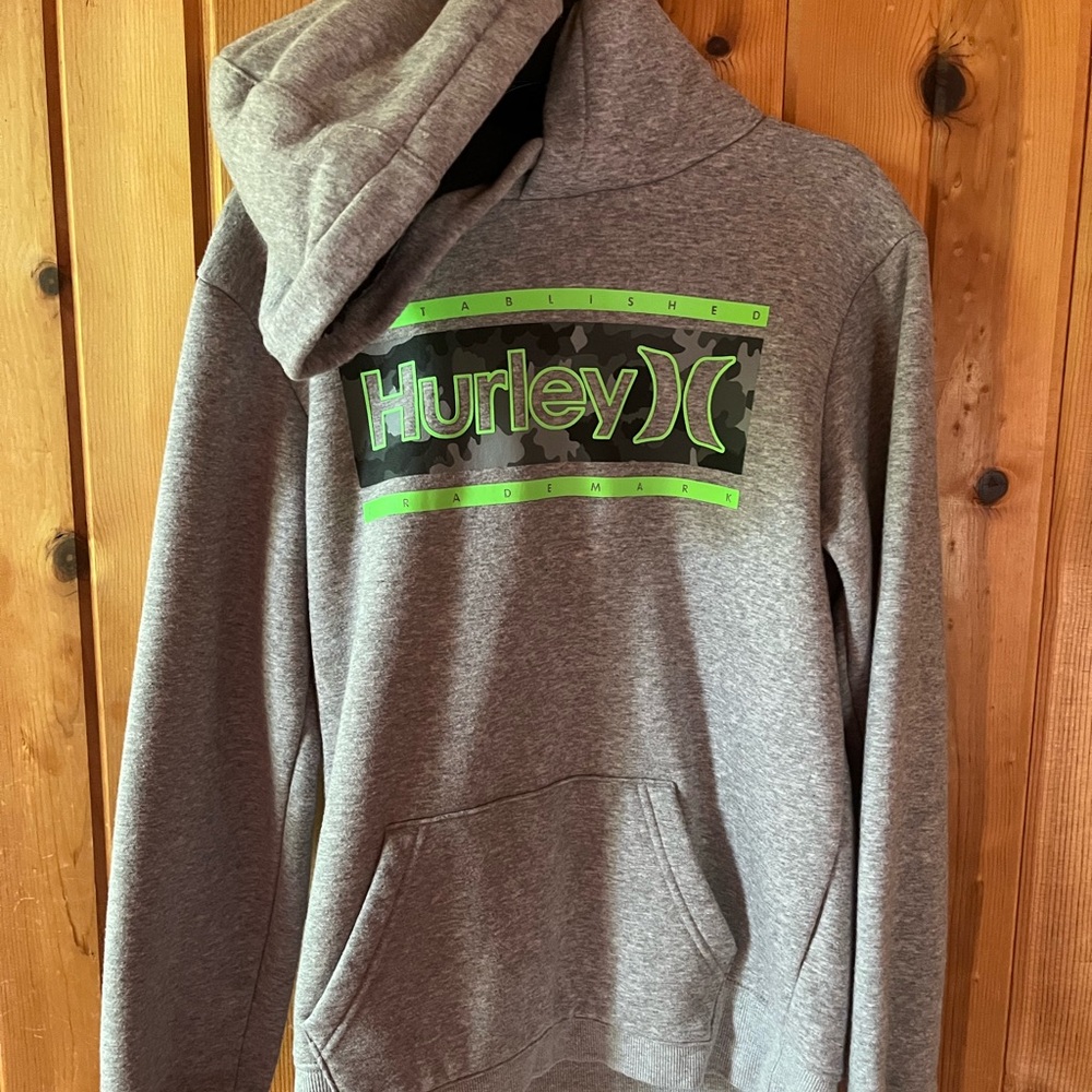 Hurley Gray and Green Logo Hoodie